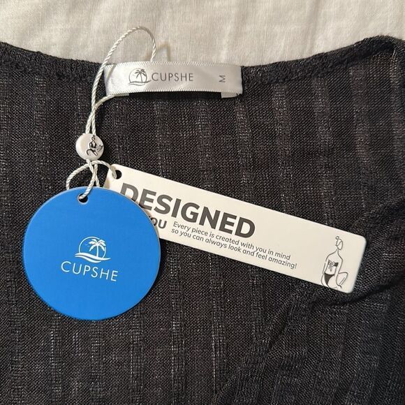 CUPSHE M Black V-Neck Long Sleeve Knit Ribbed Swim Cover-up Ruffle Dress - Picture 11 of 14